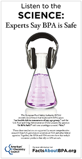 Thumbnail of Listen to the Science Ad shows the user should click to view the full ad that demonstrates science supports the safety of BPA