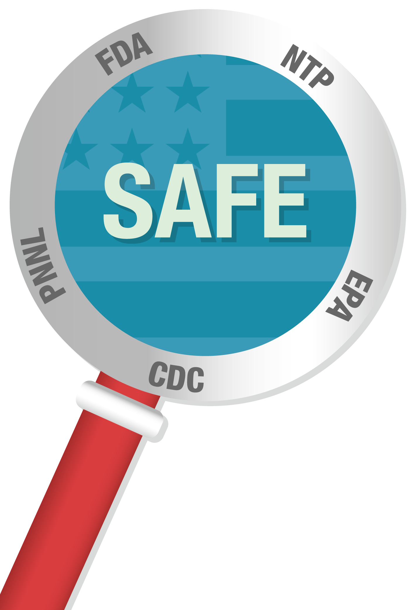 A magnifying glass labeled with the names of U.S. government agencies, including the FDA, CDC, EPA, NTP and PNNL demonstrates all the government agencies that have found BPA is safe., Safe Exposure Limits: A consumer would have to ingest 1,300 pounds of food and beverages in contact with polycarbonate plastic every day to exceed the safe level of BPA set by U.S. government agencies., Silhoutte of human body showing the average consumer's intake of BPA is 2.4 micrograms per day, A plate of food suggests consumers are often exposed to low levels of BPA through food and beverages, A clock represents the fact that the human body metabolizes and eliminates BPA within 24 hours, Microscope with words, No BPA Detected shows no active BPA could be detected after 24 hours, A family represents the idea that consumers of all ages can metabolize BPA, Safe Exposure Limits: Consumer exposure to BPA 1,000 times below safe limit,Laboratory vials with a dropper represent government researchers' toxicity study of BPA, A woman smiling represents the idea that consumers should be confident that science has shown BPA is very unlikely to cause health effects